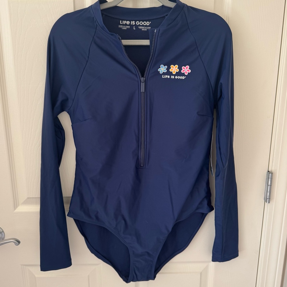 NWT! Life Is Good Blue Zip Long Sleeve Swimsuit with Floral Detail - Size L